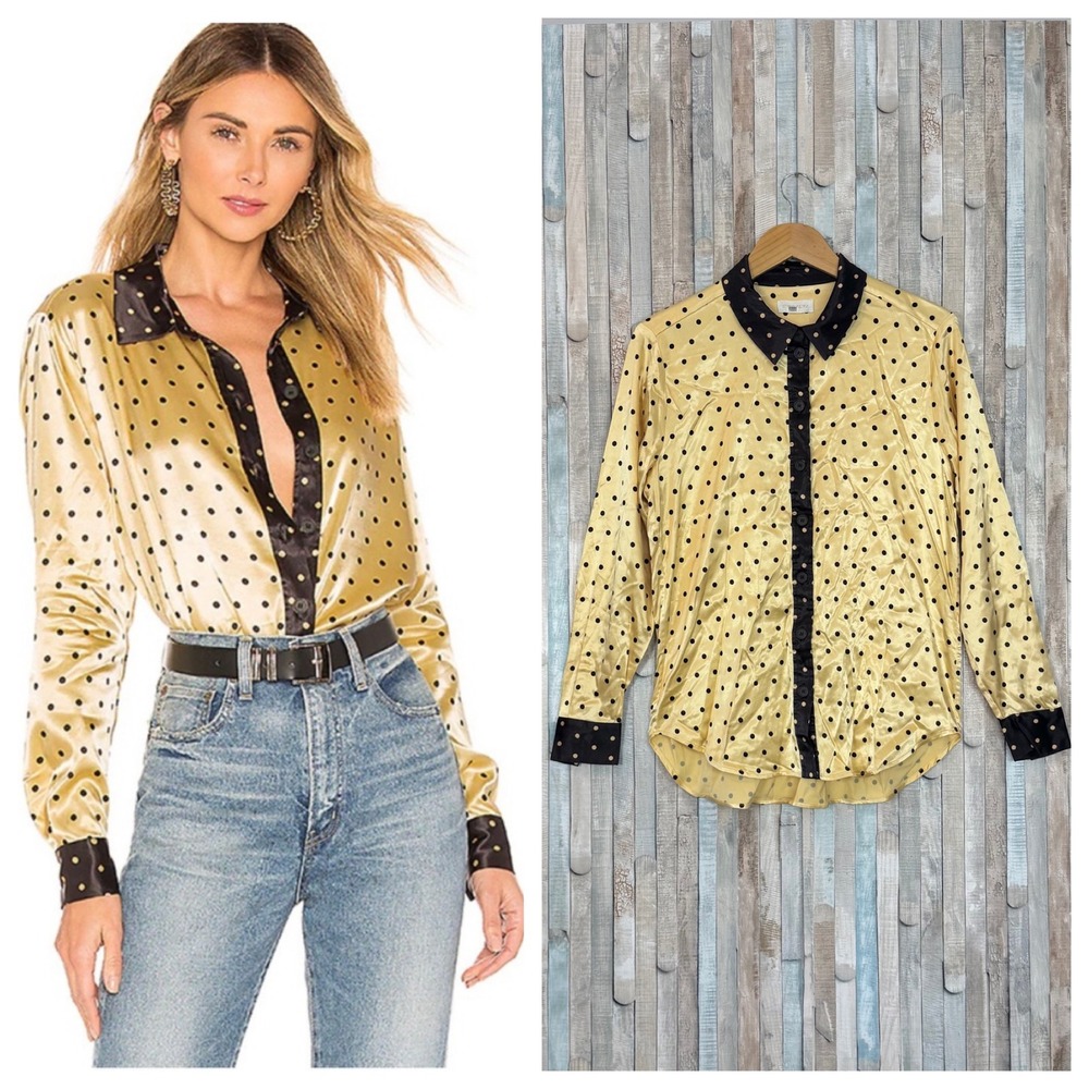 Stine Goya M Maxwell Polka Dot Blouse Gold Black Viscose Satin Button Down Shirt